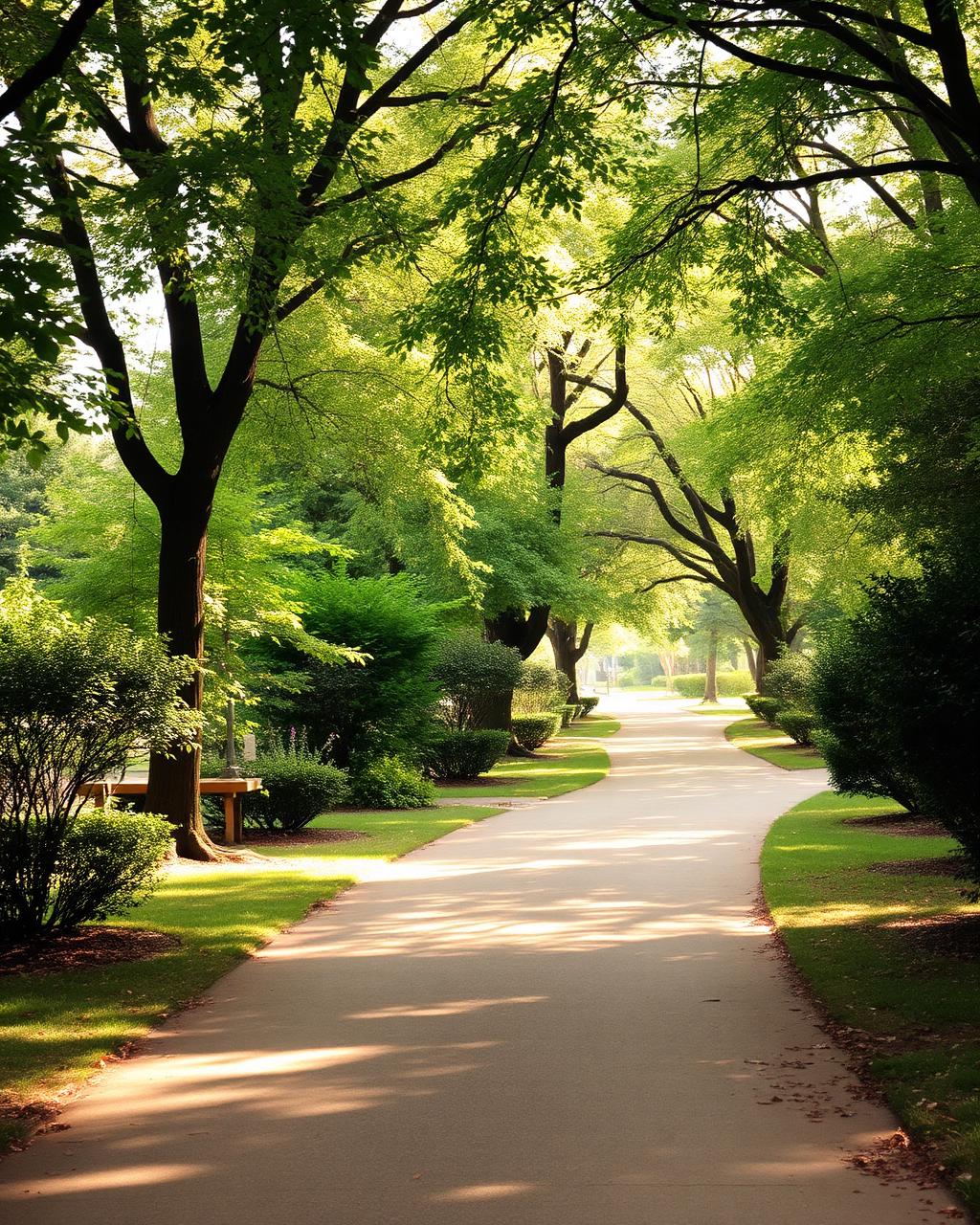 A quiet park path in dappled light