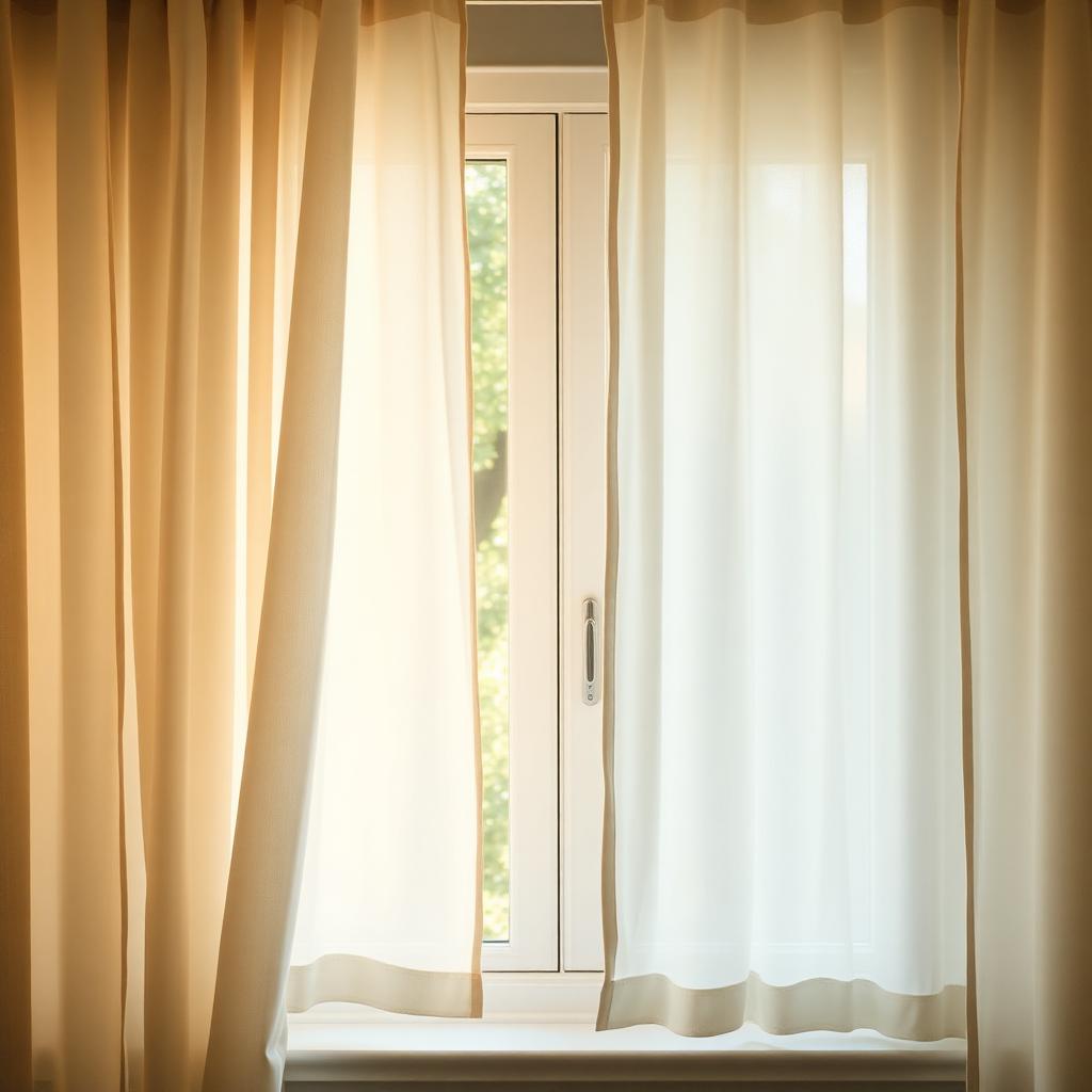 An open window with sheer curtains in soft daylight